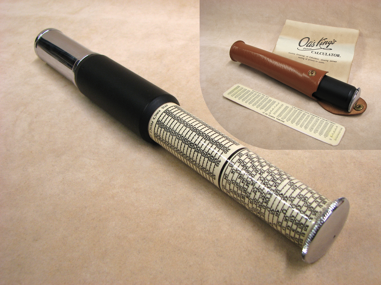 1960's Otis King Model L type C leather cased cylindrical slide rule calculator
